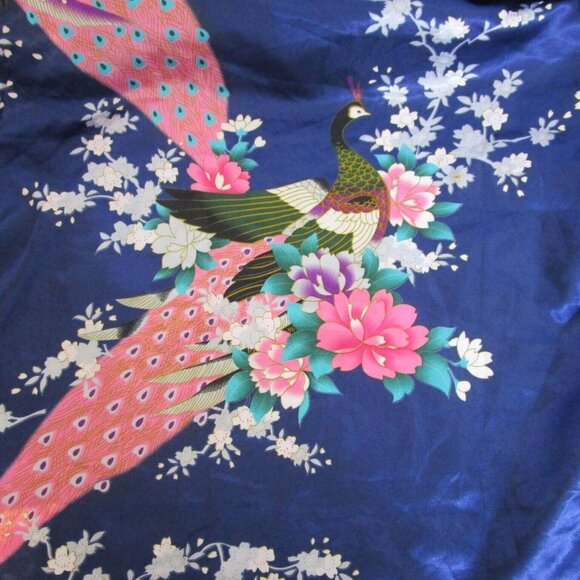 Oriental Peacock Kimono Robe Navy Blue Pink Satin One Size Short Tie Waist - Picture 4 of 4